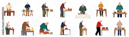 Collection of senior men carving roasted turkey for Thanksgiving or Christmas dinner celebrations.