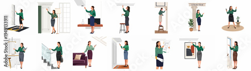 Professional Interior Designer and Consultant Inspecting Luxury Home Decor, Architectural Details, and Renovation Elements in a Set of Diverse Illustrations