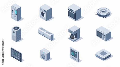 Isometric view of various modern home appliances and technology, illustrating the connected smart home concept