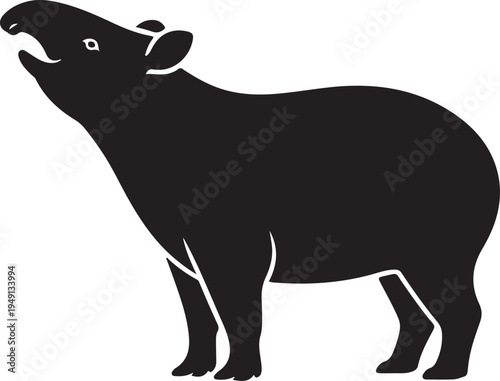 Black Silhouette of a Tapir with Mouth Open on White Background