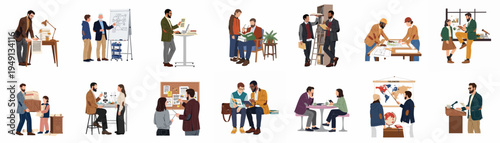 Vector illustrations of diverse professionals and students engaged in academic research, teaching, architectural planning, scientific study, and collaborative office work.