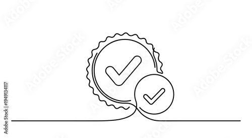 Continuous Line Drawing of Quality Checkmarks and Approval Badges