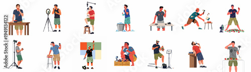 Vector illustrations of a male social media influencer filming a hot pepper challenge, sweating, and trying to cool down after eating spicy food.