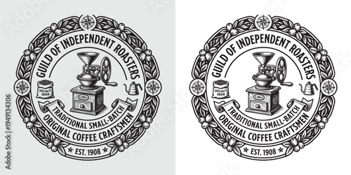 Guild of Independent Roasters Vintage Coffee Grinder Emblem with Floral Border and Compass Accents