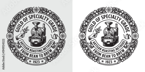 Guild of Specialty Grade Artisan Roasting Coffee Logo with Roasting Machine and Coffee Branch