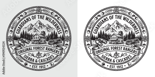 Guardians of the Wilderness Forest Rangers Vintage Badge with Lookout Cabin and Binoculars