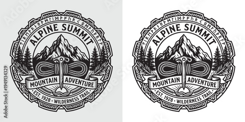 Alpine Summit Mountain Adventure Badge with Ice Axe Rope and Rune Alphabet Ornament