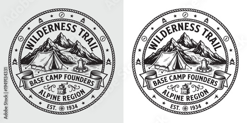 Wilderness Trail Base Camp Founders Vintage Emblem with Mountain Landscape and Coffee Grinder
