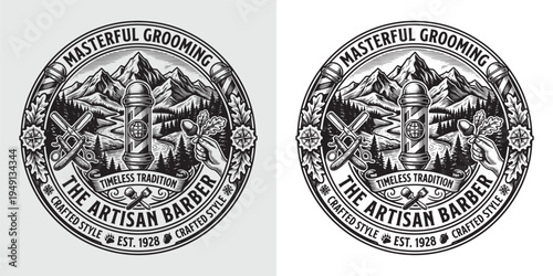 Masterful Grooming Artisan Barber Vintage Logo with Mountain Scenery and Barber Pole