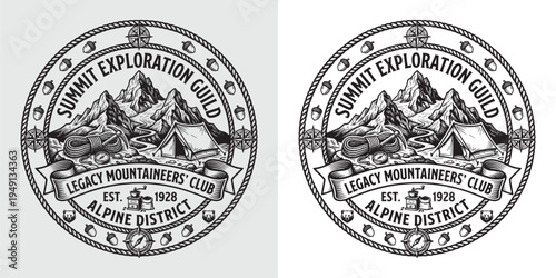 Summit Exploration Guild Mountaineers Club Logo with Tent Rope and Alpine District View