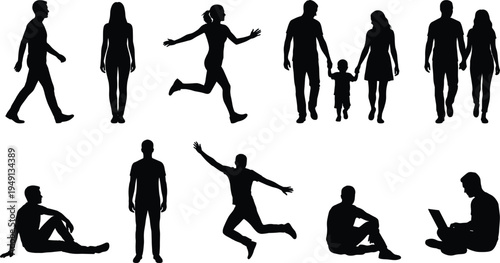 Human people silhouette collection showing walking standing jumping sitting family couple child laptop user black isolated vector illustration set