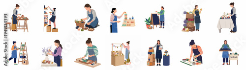 Flat vector illustrations showing female entrepreneurs crafting, packaging, and selling handmade artisan soap and natural cosmetic products in a workshop or small business setting.
