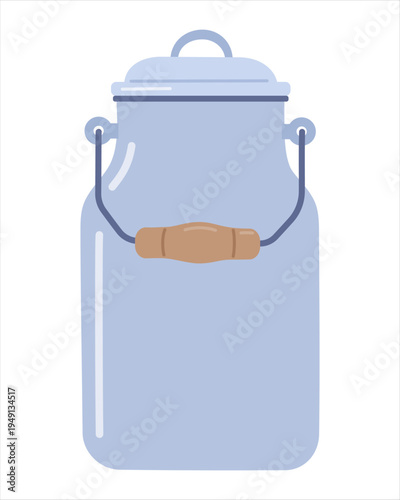 Vintage milk can with wooden handle in flat lstyle. Minimal dairy farm container illustration isolated for organic branding, rustic packaging, grocery design and countryside concept.
