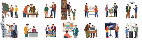 Collection of diverse educational and scientific scenes featuring a mentor and student exploring physics, astronomy, chemistry, and various mechanical experiments.