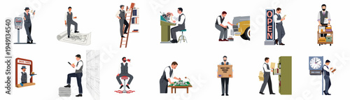 Collection of retro illustrations depicting a professional man in various vintage work scenarios including drive-thru service, office tasks, and mechanical work.