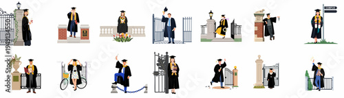 Collection of diverse university graduates in academic gowns and caps, posing with diplomas near campus gates and architectural landmarks.