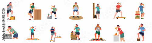 Collection of flat vector illustrations featuring a young man with a bandana eating tacos and spicy food in various poses and settings.