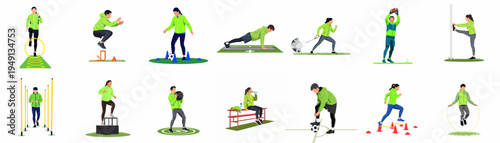 Flat Vector Illustration Set of People Performing Various Athletic Training Drills and Exercises in Matching Green Sports Apparel on a White Background.
