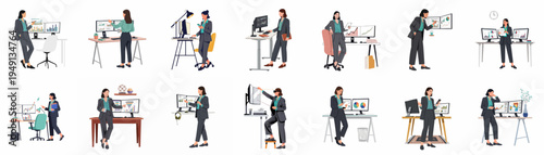 Professional Businesswoman Character Set Analyzing Data and Working at Modern Office Desk with Multiple Monitors Illustrations