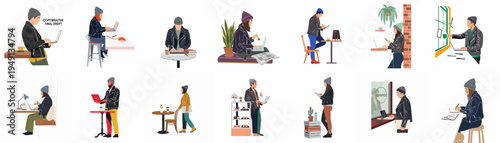 Collection of flat illustrations depicting stylish urban freelancers and creative professionals working in modern cafe and city environments.