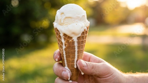 Fotografía Close up of a hand holding a melting vanilla ice cream cone dripping on a hot sunny summer day
