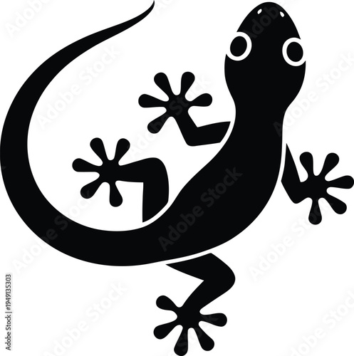 A black silhouette of a lizard with distinctive white eyes and star shaped feet
