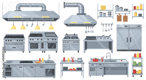 Professional Commercial Kitchen Vector Set – Industrial Stainless Steel Restaurant Equipment, Stoves, Ventilation Hoods and Food Preparation Stations
