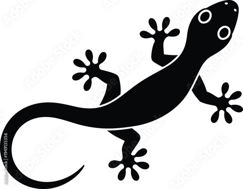 A black silhouette of a lizard with white eyes on a white background