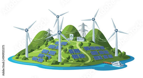 Illustration of a green island with wind turbines and solar panels on the surface, surrounded by water and a white boat.