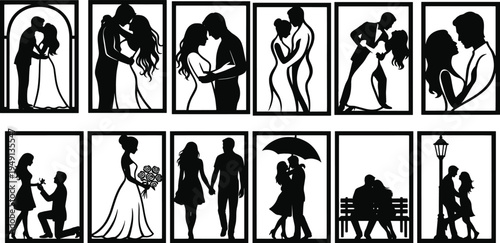 Romantic couple love silhouette collection proposal kiss wedding date walking umbrella bench romance scenes black isolated vector illustration set