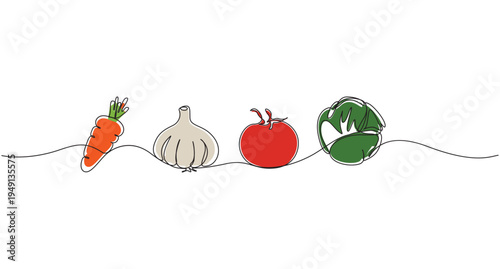 Continuous Line Art of Fresh Vegetables,Minimal Food Line Art with Carrot, Garlic, Tomato and Cabbage,