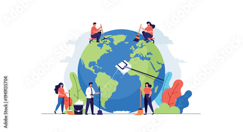 Illustration of diverse people cleaning around a large globe with green and blue continents on a white background with colorful leaves and a broom, conveying an eco-friendly and