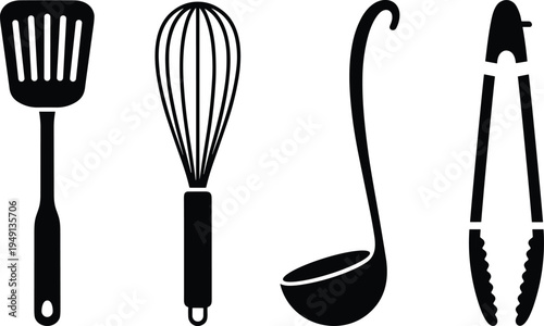 Essential kitchen utensil silhouette collection featuring a spatula whisk soup ladle and tongs for cooking culinary arts restaurant branding and home food preparation vector designs