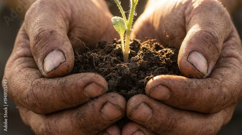 Cuadro en lienzo Close up of dirty hands holding dark soil with a fragile green seedling, environmental conservation concept