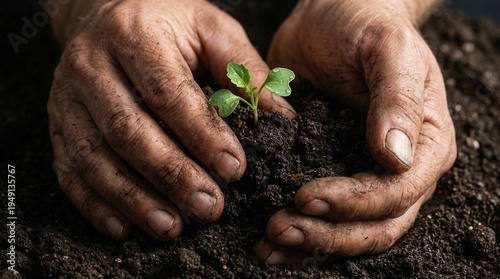 Fotografie Close up of dirty hands holding dark soil with a fragile green seedling, environmental conservation concept