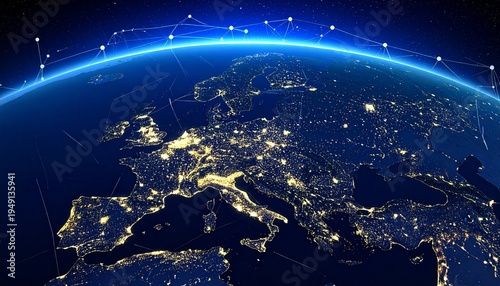 3D map of Europe with glowing nodes and connecting lines, symbolizing technological infrastructure, communication, and industrial connectivity.