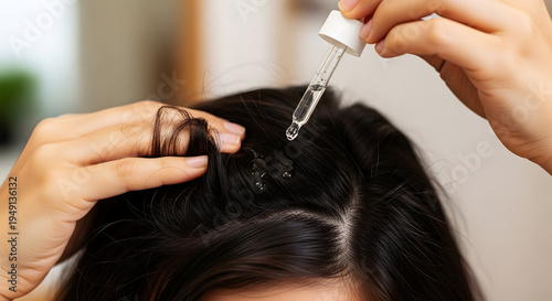 Hand applying serum to dark hair with dropper image
