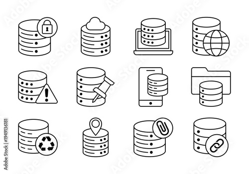 Database Security And Data Storage Management Line Icons For Server Technology Systems