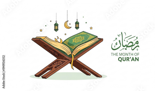 Holy Quran on traditional rehal stand Ramadan Islamic celebration banner vector illustration