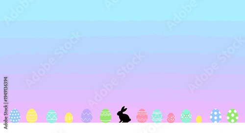 Black Easter bunny silhouette surrounded by a line of colorful patterned eggs on a cheerful pastel gradient background.