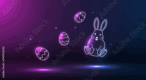 Futuristic neon outline Easter bunny with glowing eggs on a dark abstract background, conveying a magical, vibrant mood.