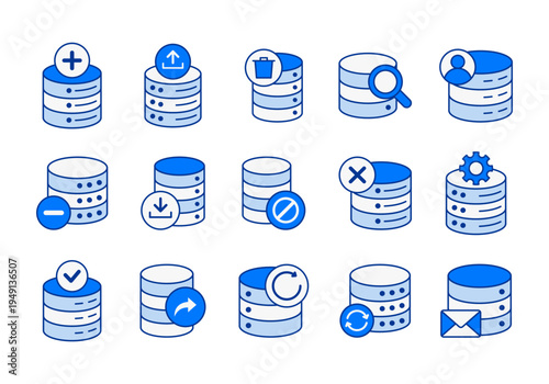 Database Storage And Cloud Data Management Icons With Blue Accent Line Style Symbols