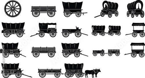 et of various black silhouette icons of vintage wooden wagons, covered pioneer carriages, wild west stagecoaches, ox carts, and horse drawn transport equipment for ranching