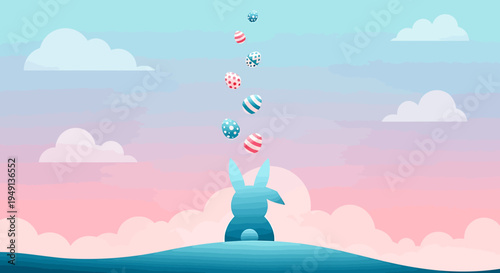 Silhouette of an Easter bunny looking up at colorful falling eggs under a dreamy pink and blue gradient sky with clouds.