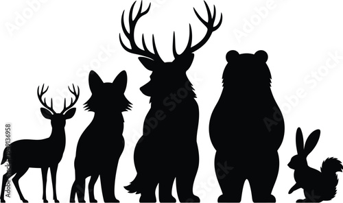 Forest animal silhouettes group including deer fox wolf bear rabbit squirrel black vector woodland animals set isolated on white background