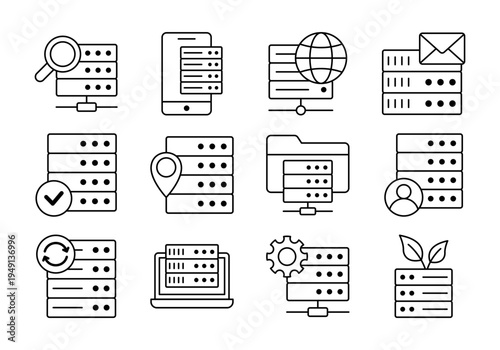 Server Data Management And Database Administration Line Icons For Technology Systems