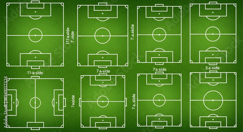 Multiple Soccer Field Layouts on Green Background.