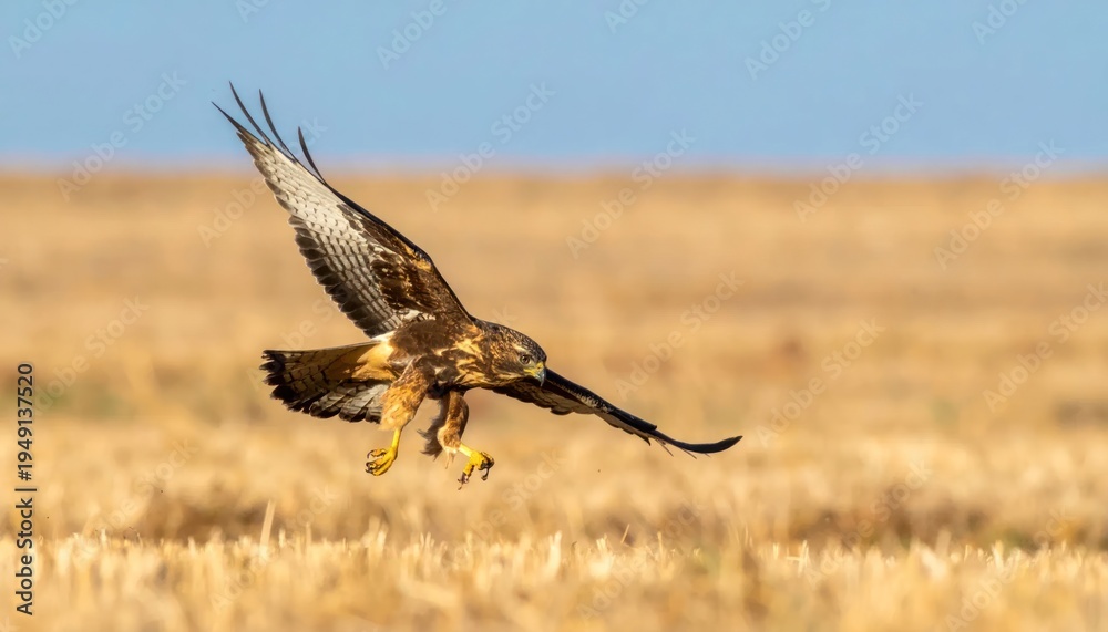 Fototapeta premium A hawk dives low over a golden field under a blue sky, wings spread wide