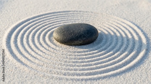 Foto Smooth black zen stone resting on raked white sand with circular patterns, mindfulness and harmony concept