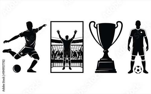 Football Soccer Player Kicking Ball Trophy Victory Silhouette Icons Vector
